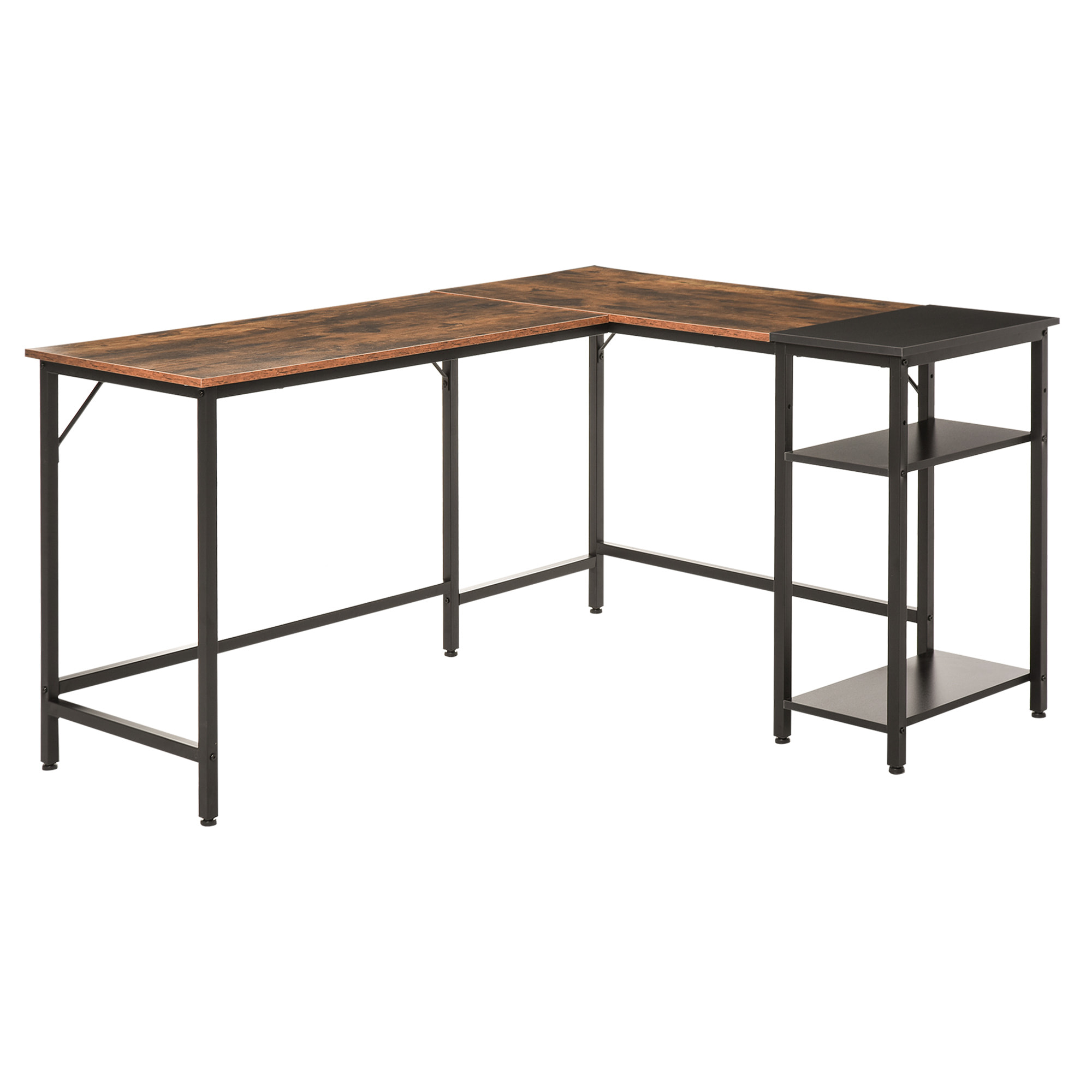 Bureau informatique design industriel bureau d'angle 2 tablettes support CPU imprimante aspect vieux bois métal noir