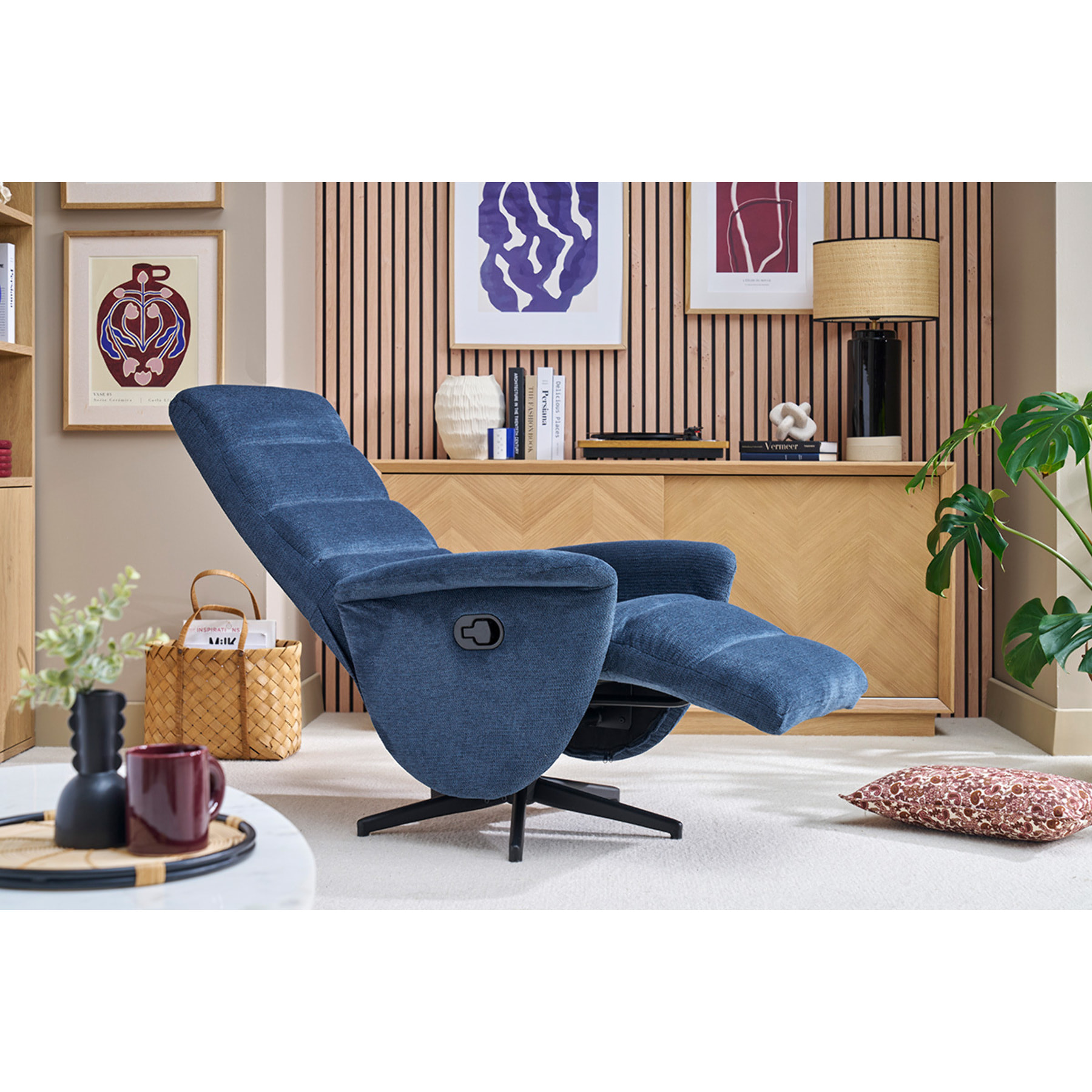 Fauteuil pivotant relax manuel en tissu chenille bleu foncé NELSON