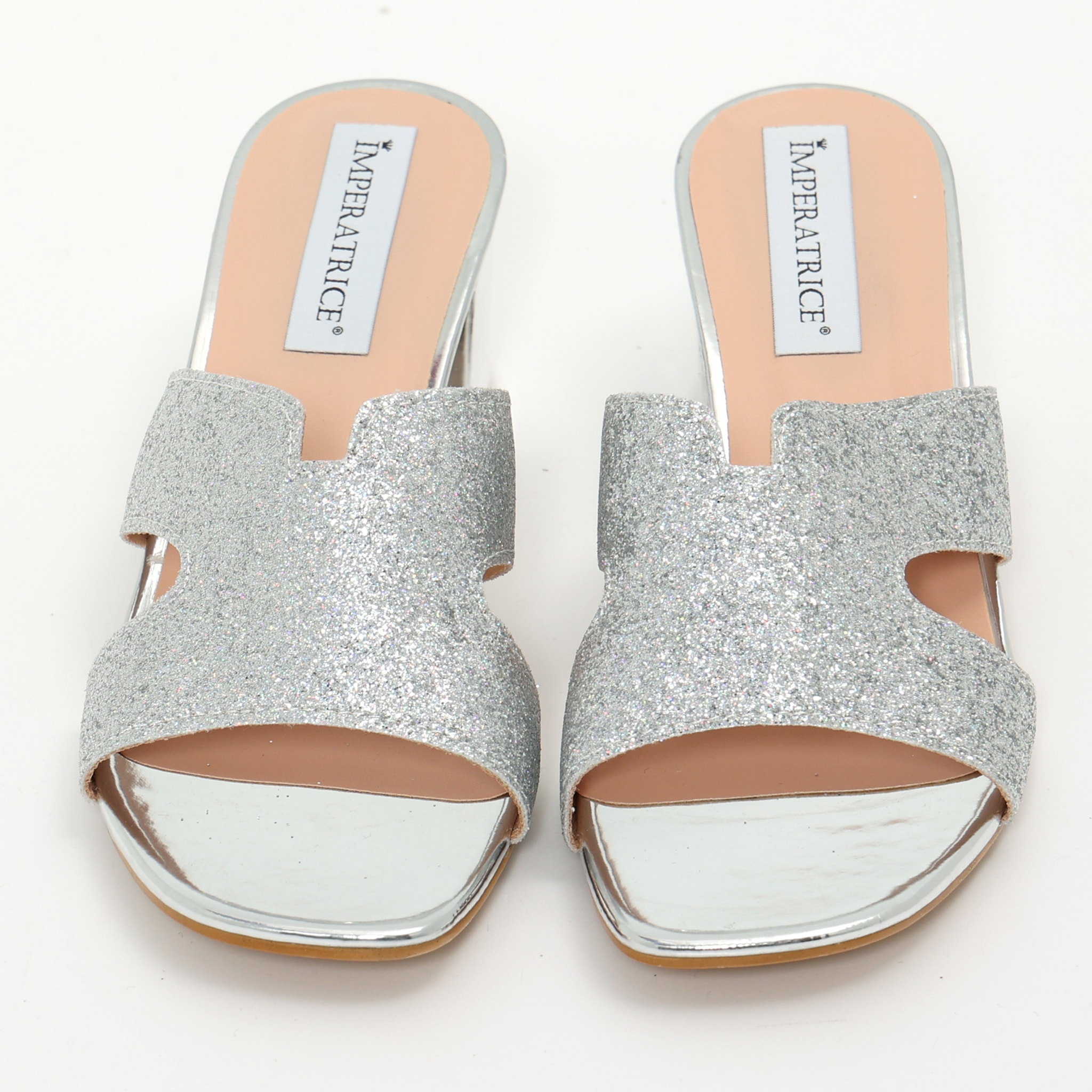 Sandali in simil pelle con tacco comodo e fascia brillantinata