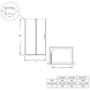 Porte de douche pliante 90 x 200 cm Contra chromé