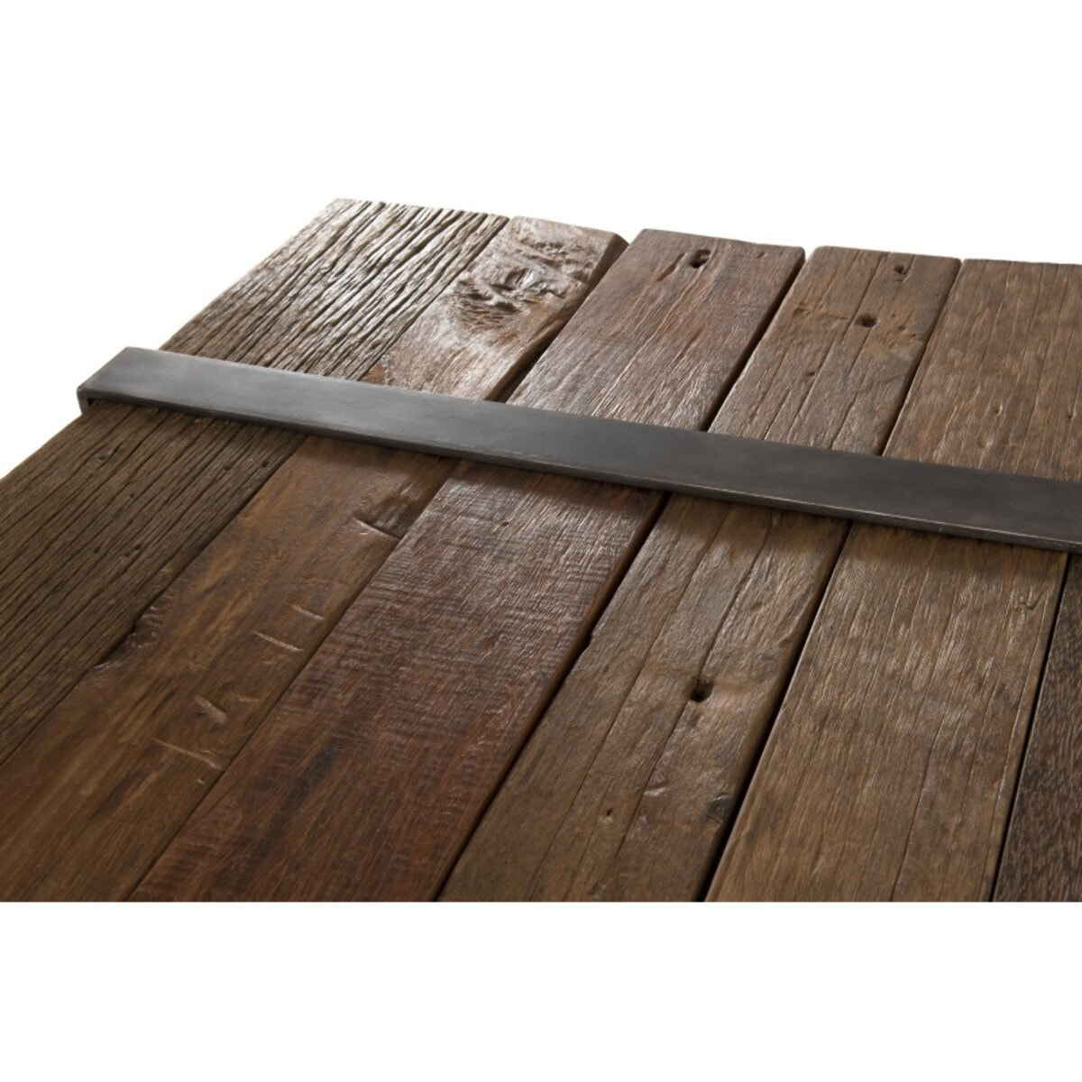 MATHIS - Table basse multi-planches marron bois massif cerclée métal gris anthracite