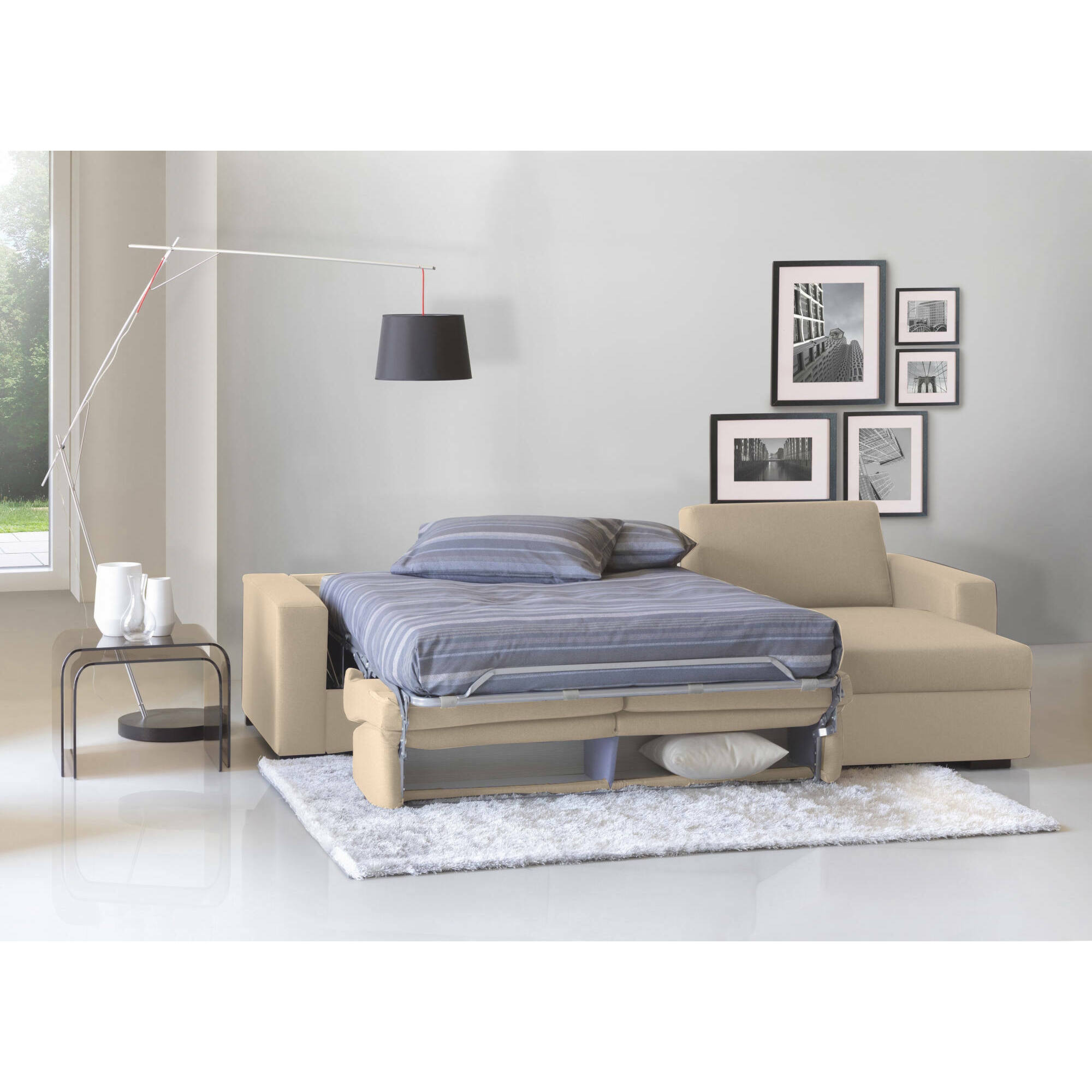 Divano Letto Alisea, Divano ad angolo, 100% Made in Italy, Sofà con apertura girevole, con Penisola contenitore reversibile, con Braccioli slim, Cm 260x95h90, Beige