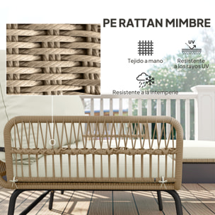Conjunto de Muebles de Jardín Exterior de Ratán Juego de 3 Piezas Muebles de Terraza con Sofá de 2 Plazas Chaise Longue Cojines y Mesa Auxiliar de Tablero de Vidrio para Patio Crema y Natural