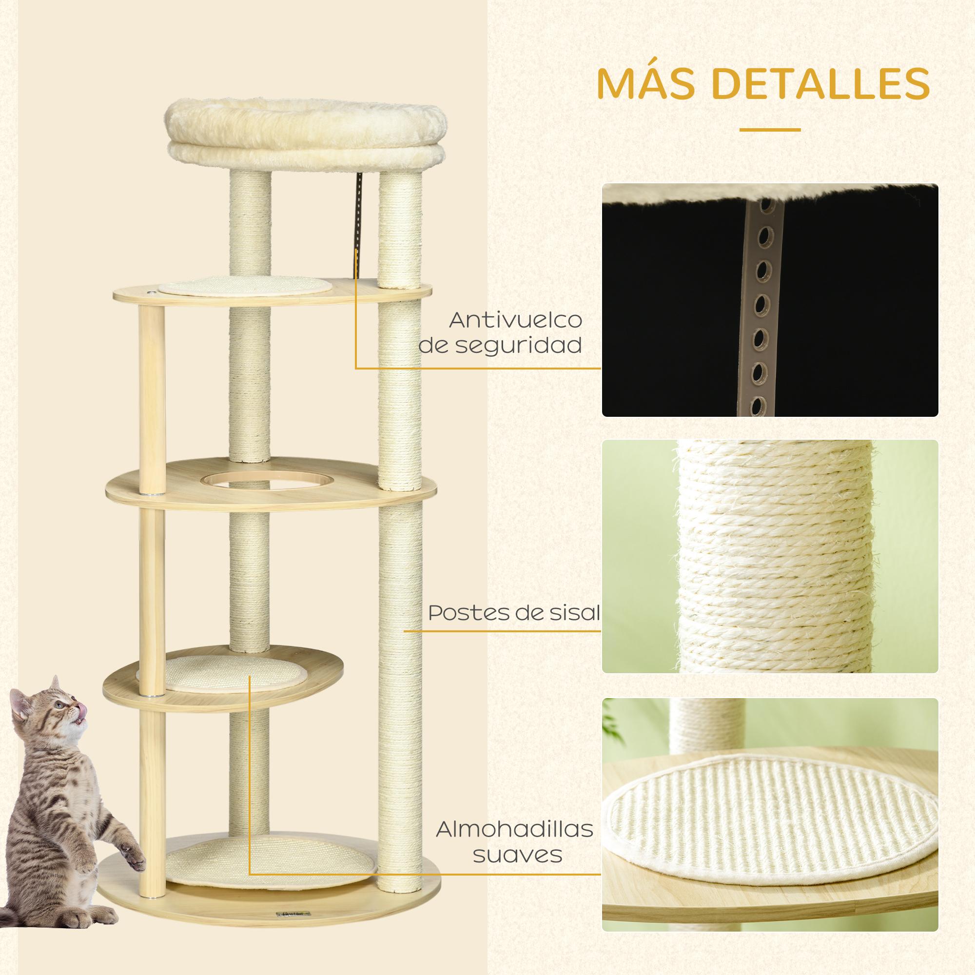 PawHut Árbol Rascador para Gatos de Madera 123,5 cm Torre Escalador para Gatos con Múltiples Plataformas Cama Desmontable y Cojines Ø54x123,5 cm Roble