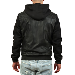 Giubbino in vera pelle di vitello con maniche e cappuccio in felpa Nero-Slim Fit