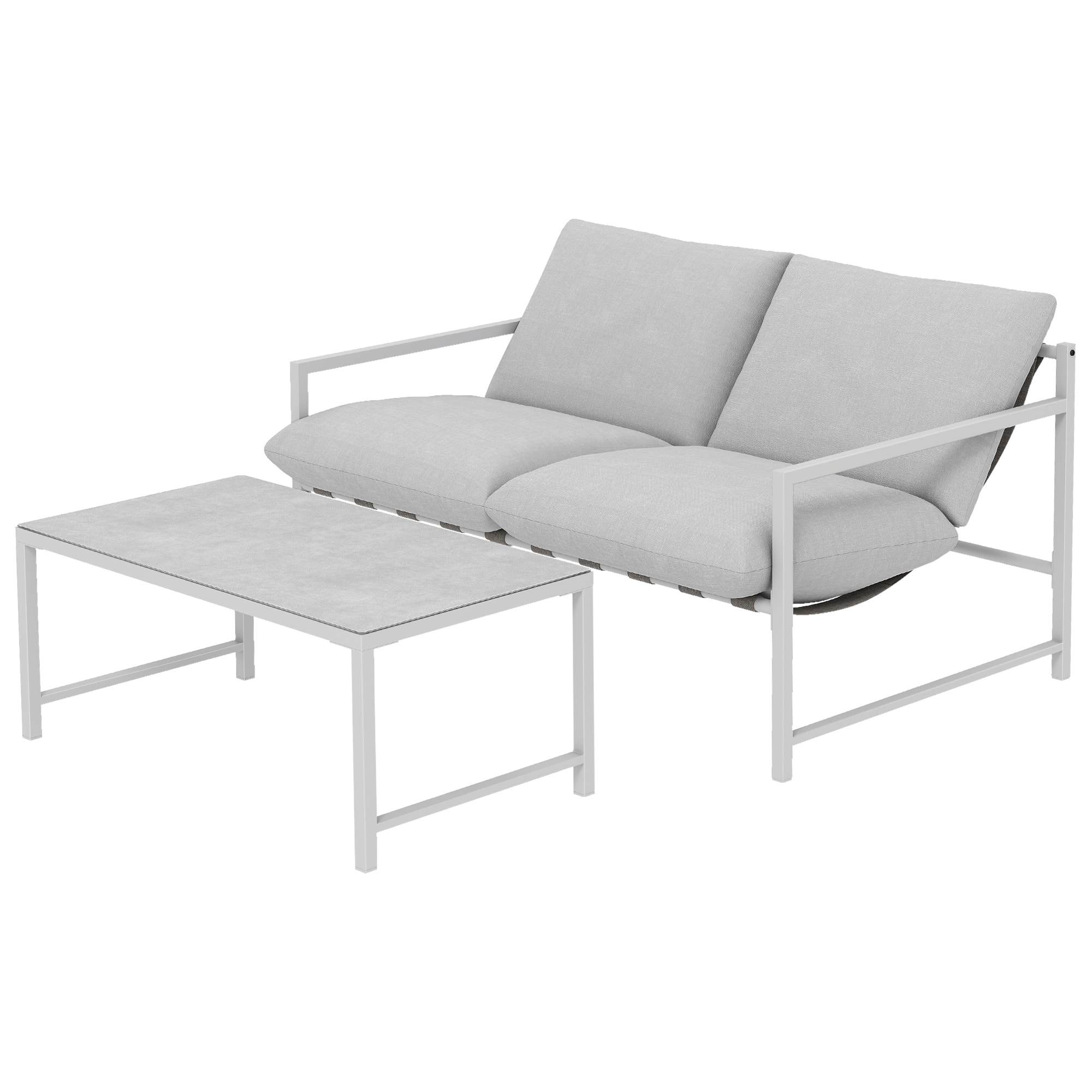 Ensemble canapé jardin épais coussins table basse design gris clair