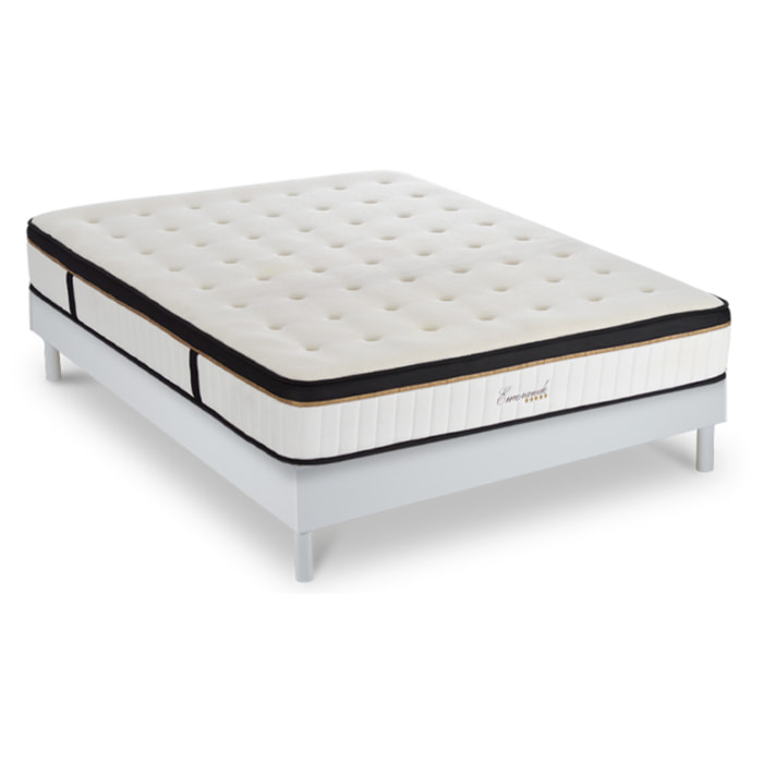 Ensemble Matelas Émeraude & Sommier Kit Bois, Mémoire de Forme & Air System, 25 cm, Accueil Moelleux, Soutien Ferme, Lattes Actives