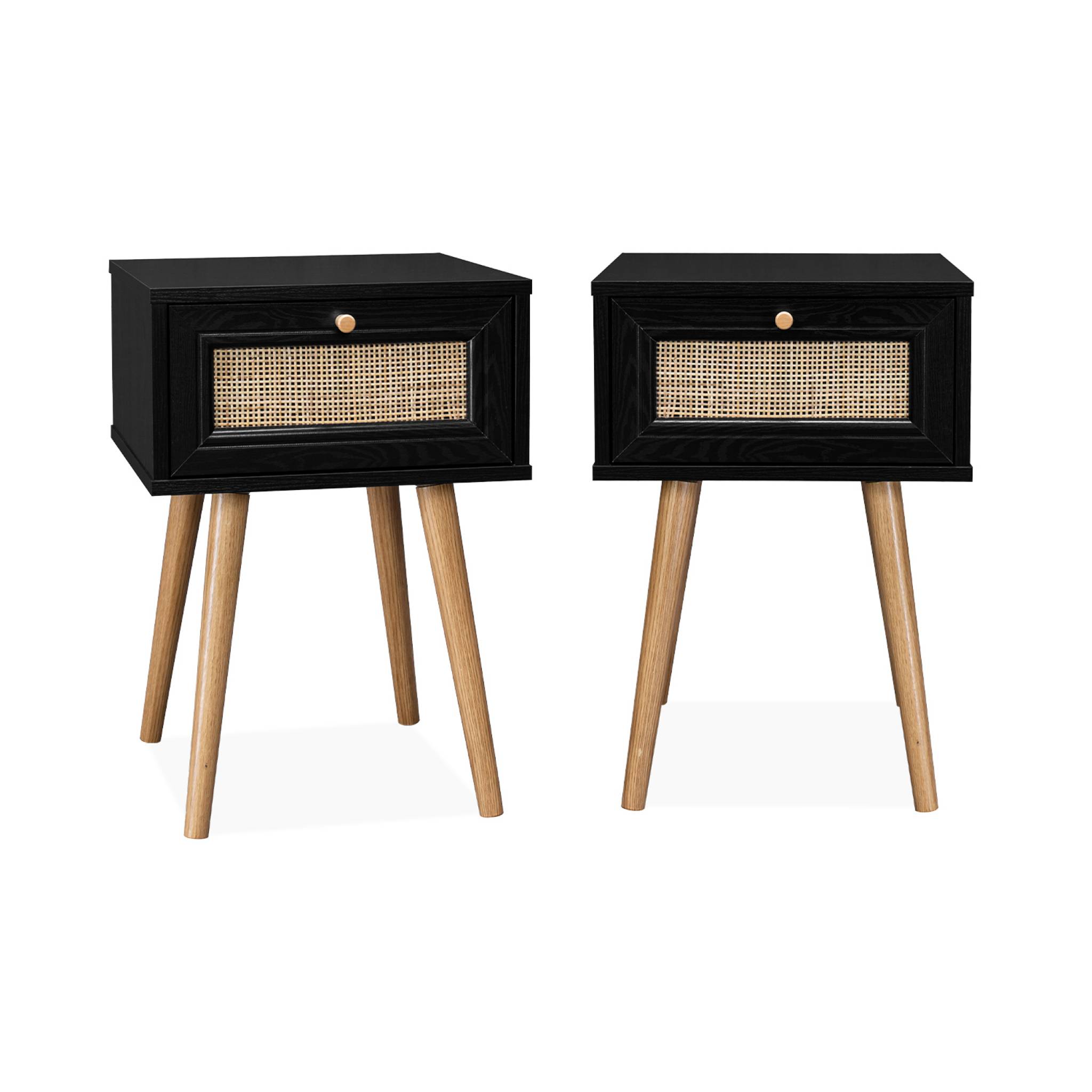 Lot de 2 tables de chevet effet bois noir et cannage avec 1 tiroir