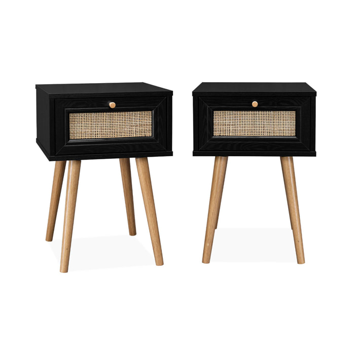 Lot de 2 tables de chevet effet bois noir et cannage avec 1 tiroir