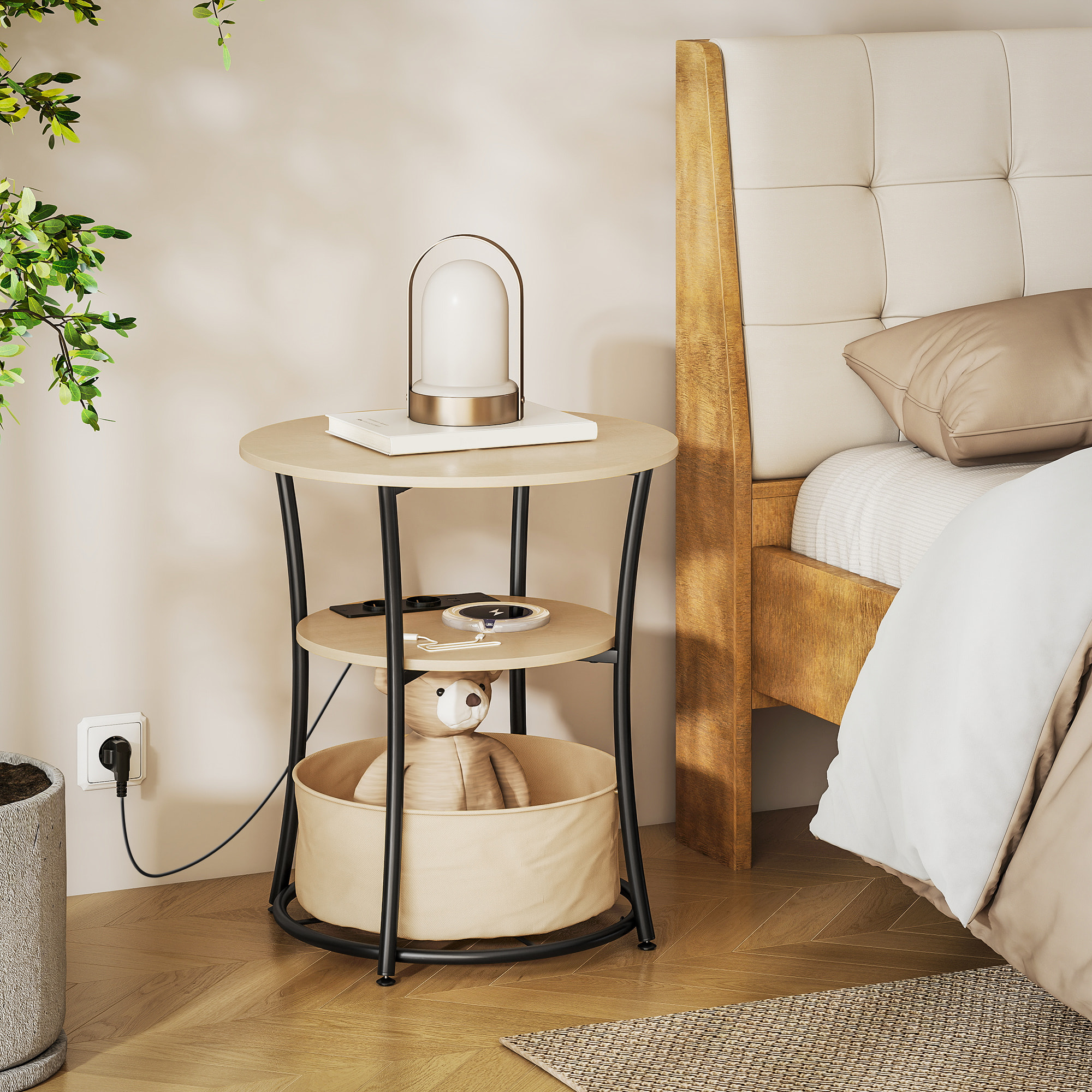 Mesa Auxiliar Redonda de 3 Niveles con Estación de Carga, Mesita Auxiliar Industrial con 2 Estantes Abiertos, Bolsa de Almacenaje, para Salón, Dormitorio, Librería, Ø50x55,1 cm, Madera Natural