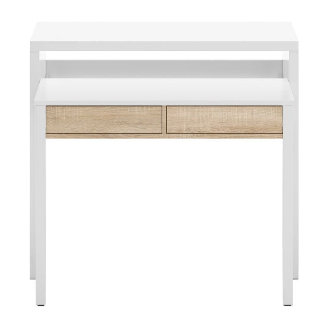 Mesa de escritorio extensible con 2 cajones en blanco artik y roble canadian 98,5x36-70 cm Bureau Blanco Artik (Blanco Mate) - Roble Canadian