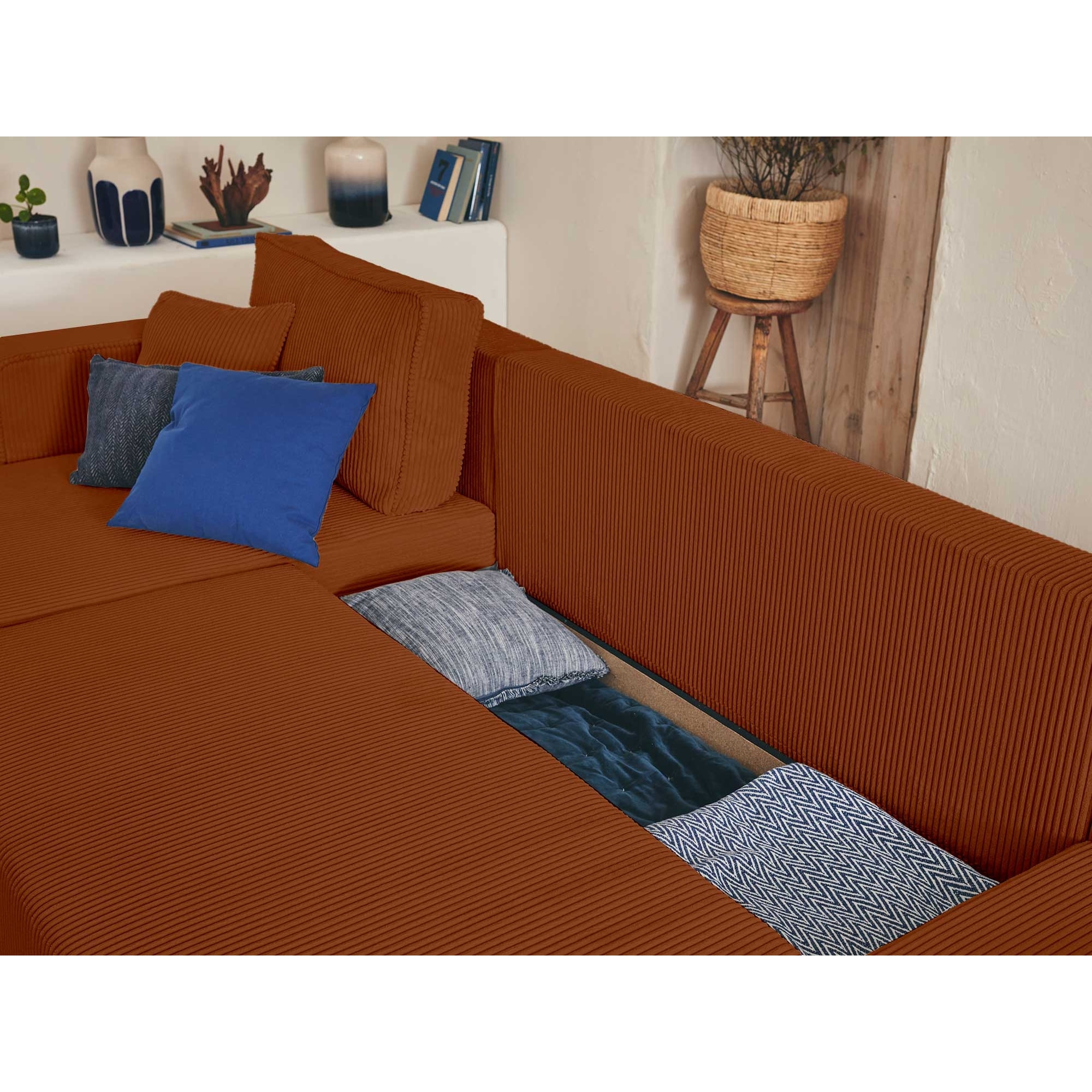 Topaze - canapé panoramique en U - 7 places - convertible avec coffre - en velours côtelé - Terracotta