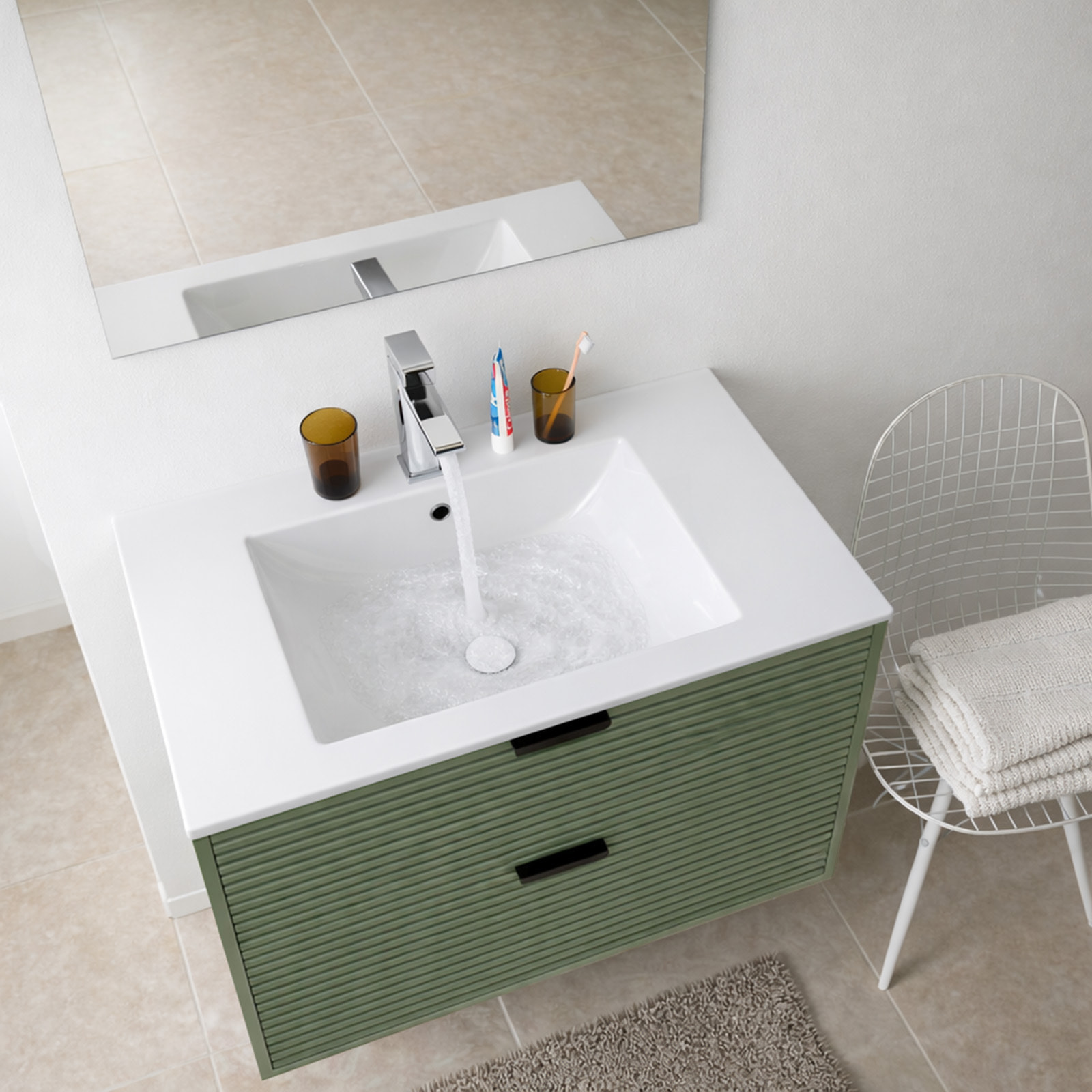 Meuble Salle de Bain Cranté Vert et Noir 80cm - 2 Tiroirs, Vasque et Miroir - MALO