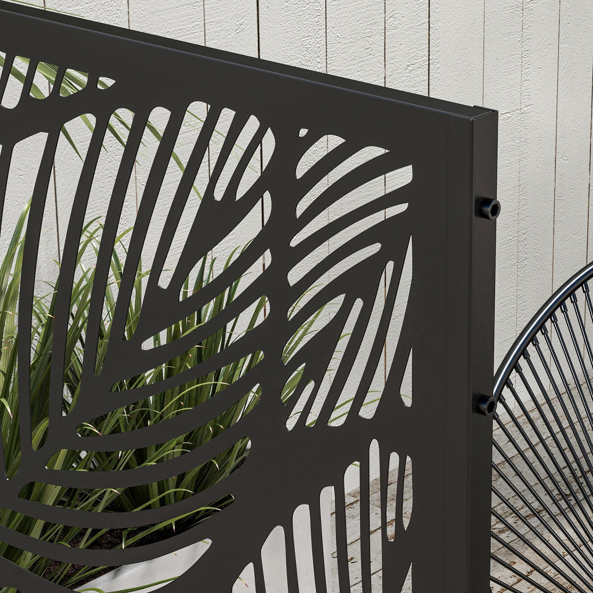 Panneau brise vue décoratif paravent extérieur motif végétal métal noir