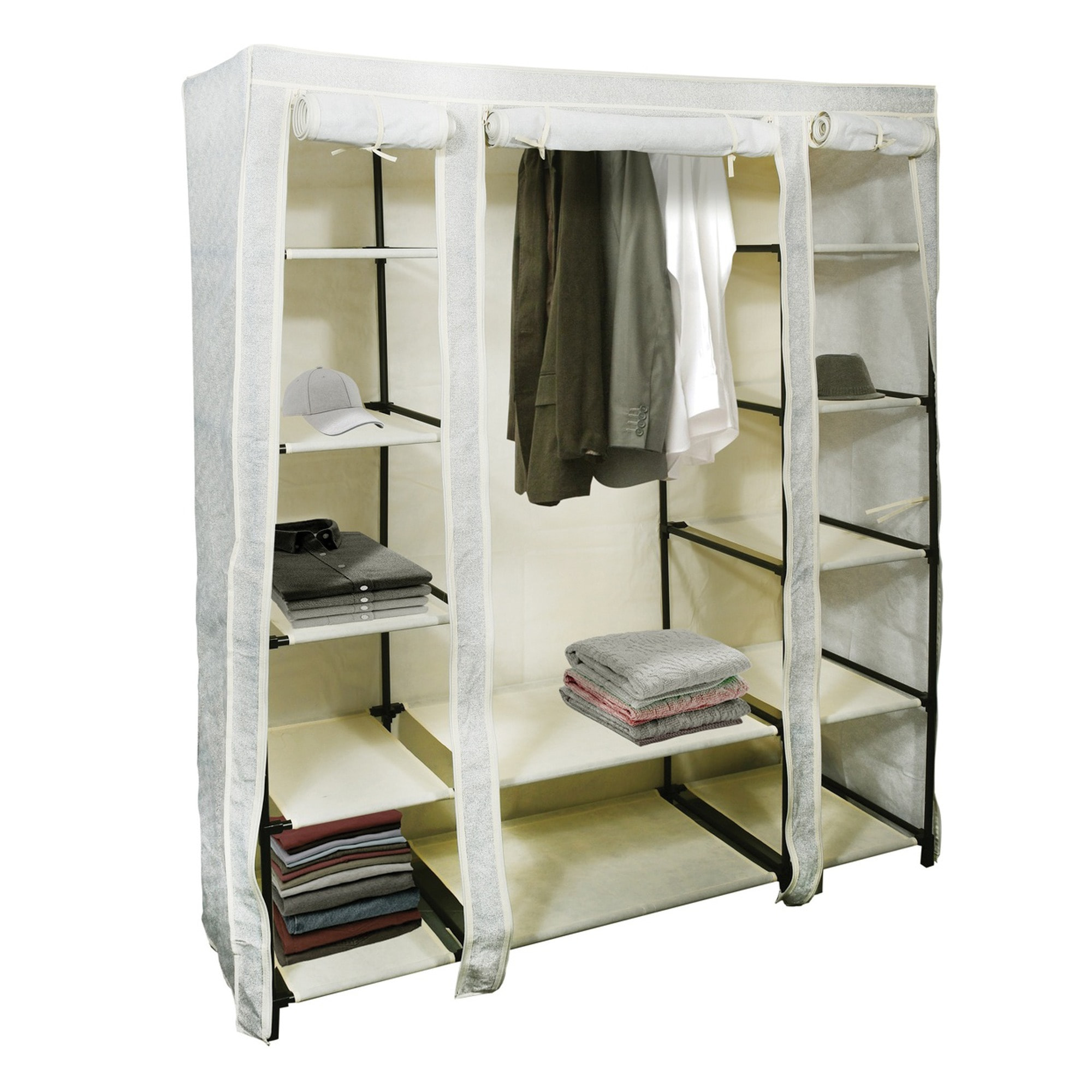 Armario Plegable de tela polar gris 135x45x175cm - Con 12 estantes, Portátil y resistente