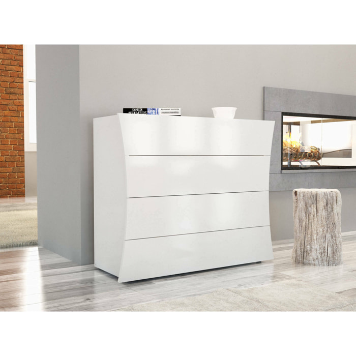 Comò moderno, Made in Italy, Mobiletto per Soggiorno e Camera, Credenza 4 cassetti, cm 98x40h82, colore Bianco lucido