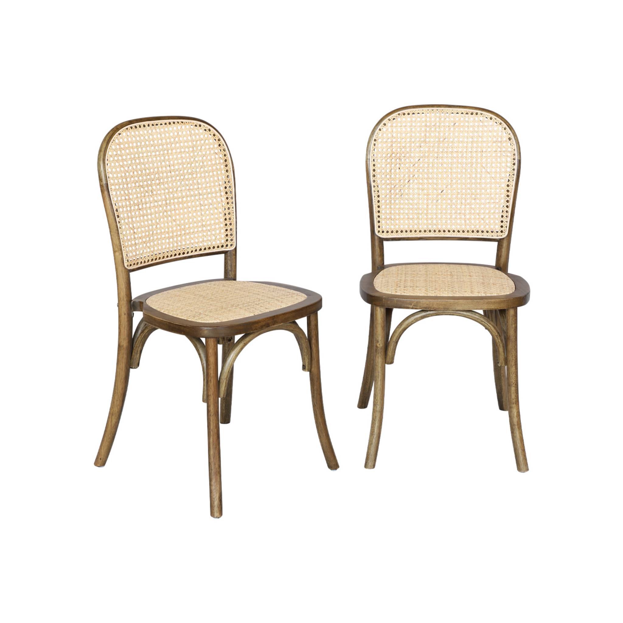 Lot de deux chaises vintage en bois marron vieilli avec assise et dossier en rotin