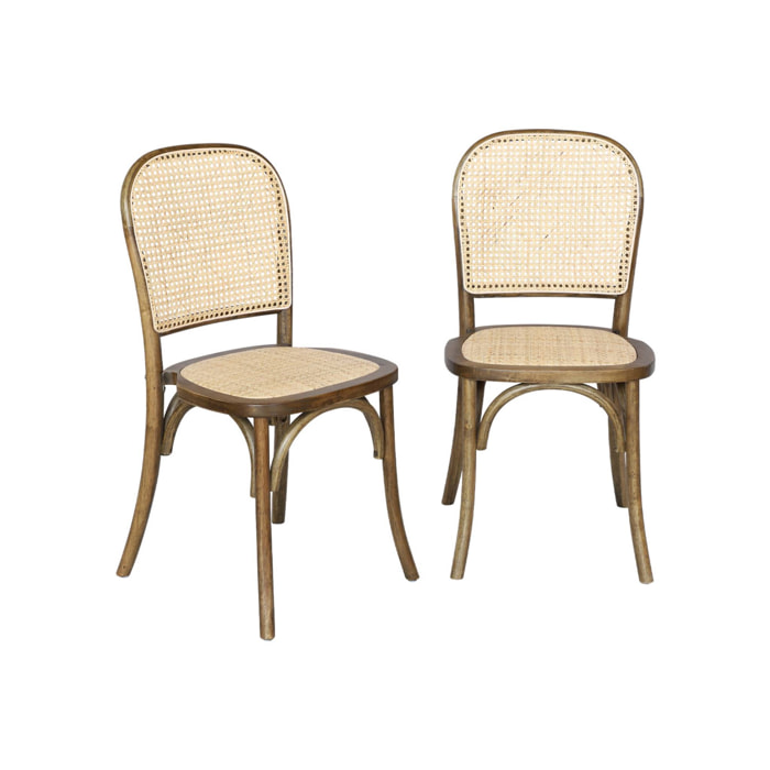 Lot de deux chaises vintage en bois marron vieilli avec assise et dossier en rotin