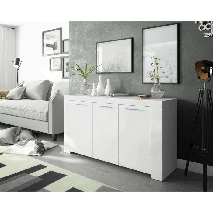 Credenza Bellevue, Madia moderna a 3 ante, Buffet da soggiorno, Mobile porta TV, Madia per salotto, cm 144x42h80, Bianco