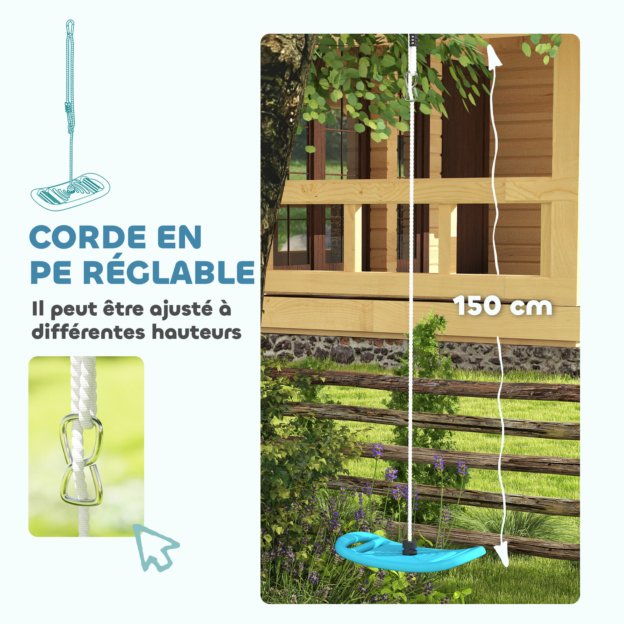 Balançoire enfant - siège balançoire - corde réglable, mousquetons - max. 70Kg - PE bleu