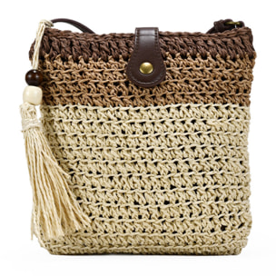 Bolso bandolera beige en rafia con cremallera