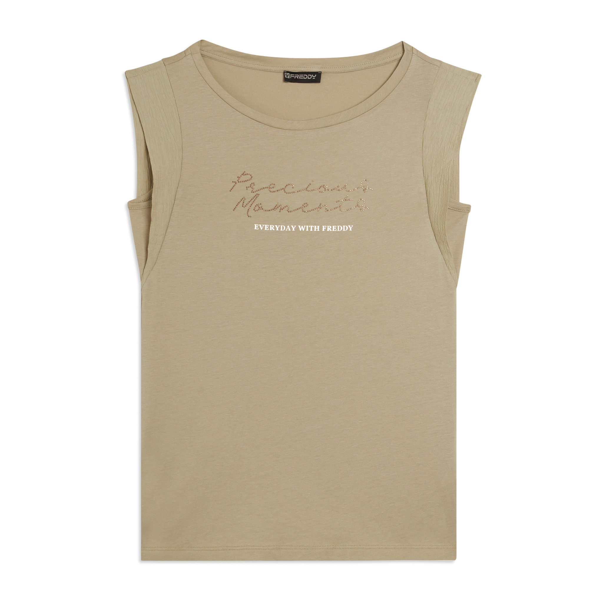 T-shirt con maniche in tessuto crinkle e scritta gioiello