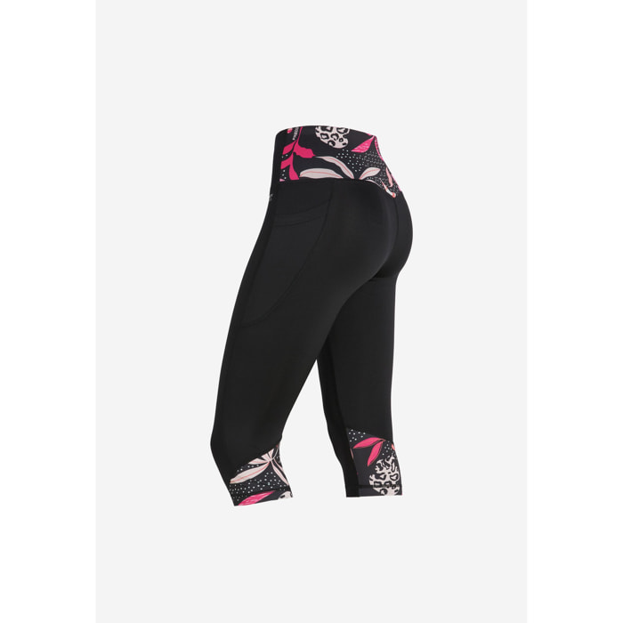 Leggings corsaro vita alta con inserti stampa tropicale