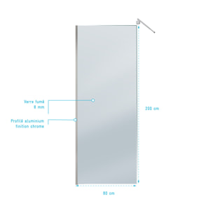 Paroi de Douche 80x200cm Verre Fumé 8mm - Barre de Fixation Extensible et Profil Chrome