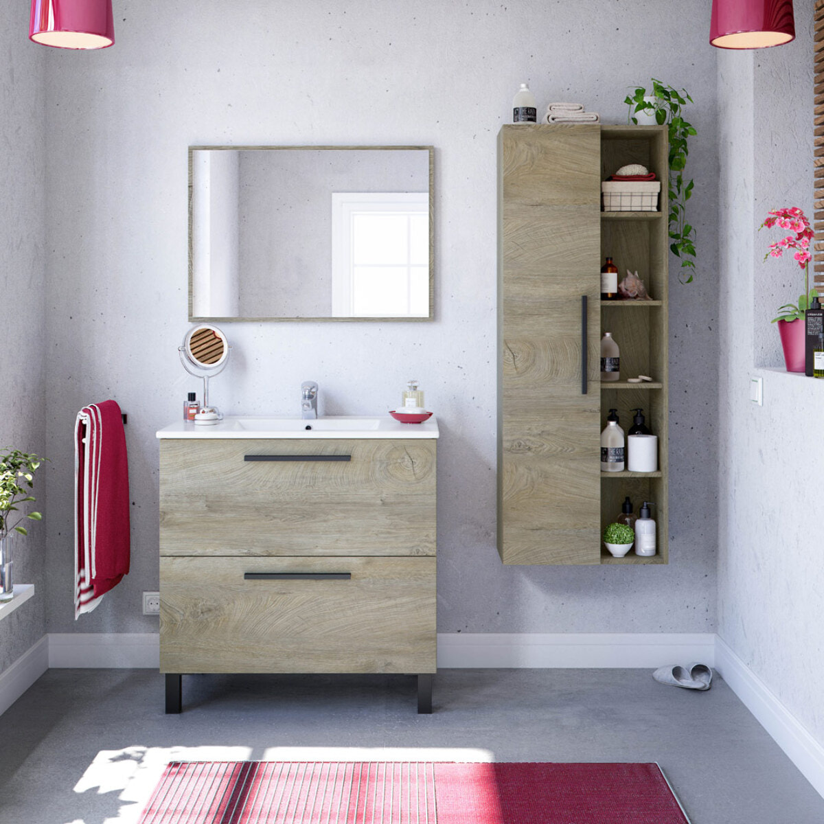 Mueble Baño Con Espejo Athena 80x80x45 Cm Roble Alaska