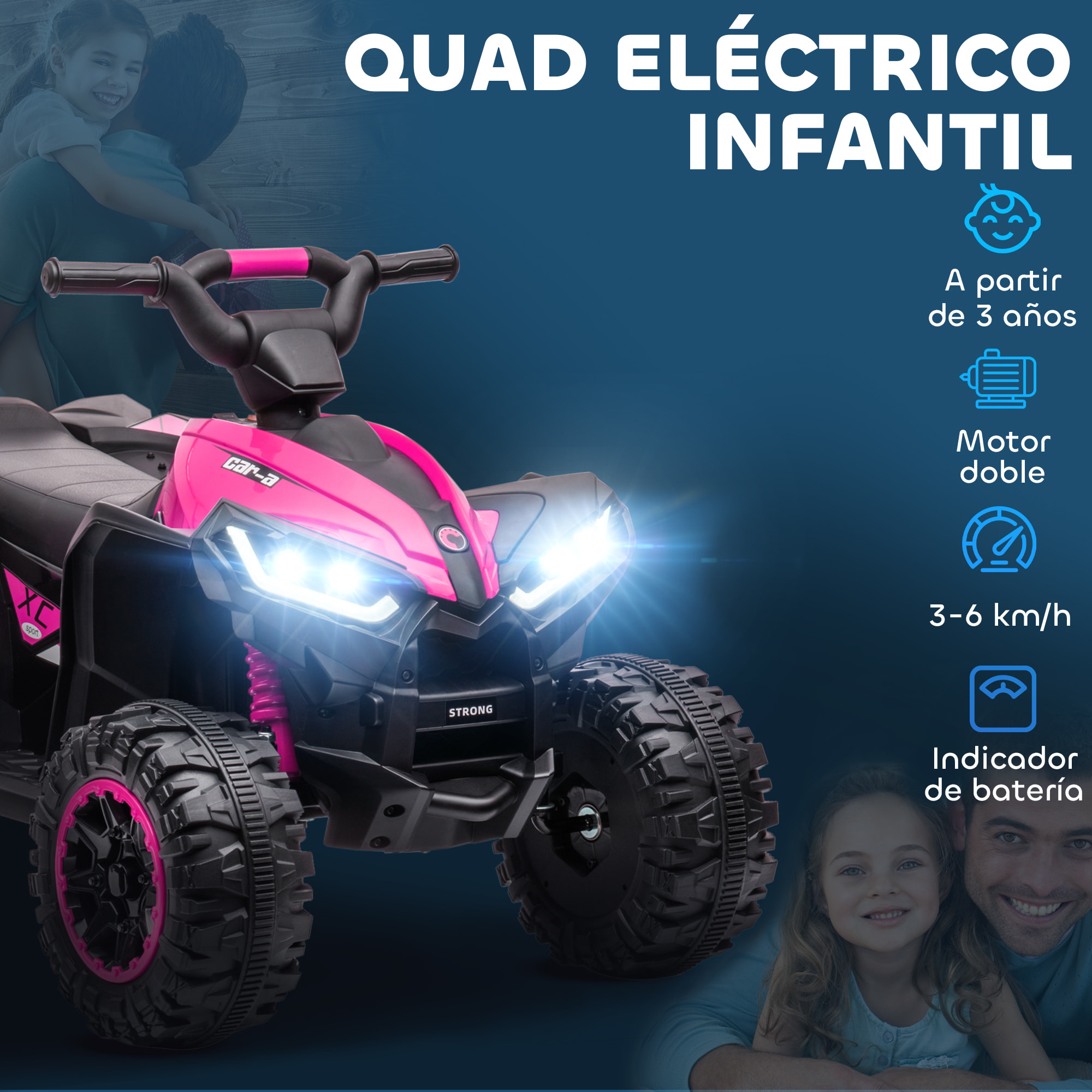 Quad Eléctrico para Niños 12V, Quad para Niños de 3-5 Años, con 2 Motores, Velocidad Ajustable 3-6km/h, Faros, Bocina, Música, USB, Avance y Retroceso, Rosa
