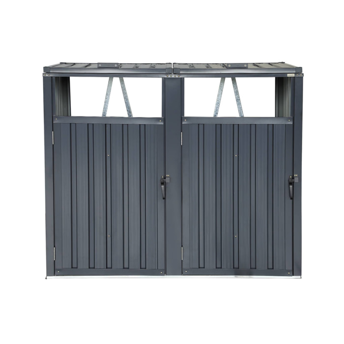 Cache poubelle gris en acier galvanisé. 2 places L 146 x P 82 x H 124 cm