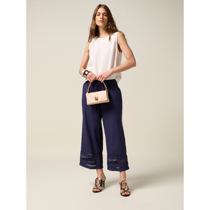 Oltre - Pantalones de muselina con inserto de encaje - Azul