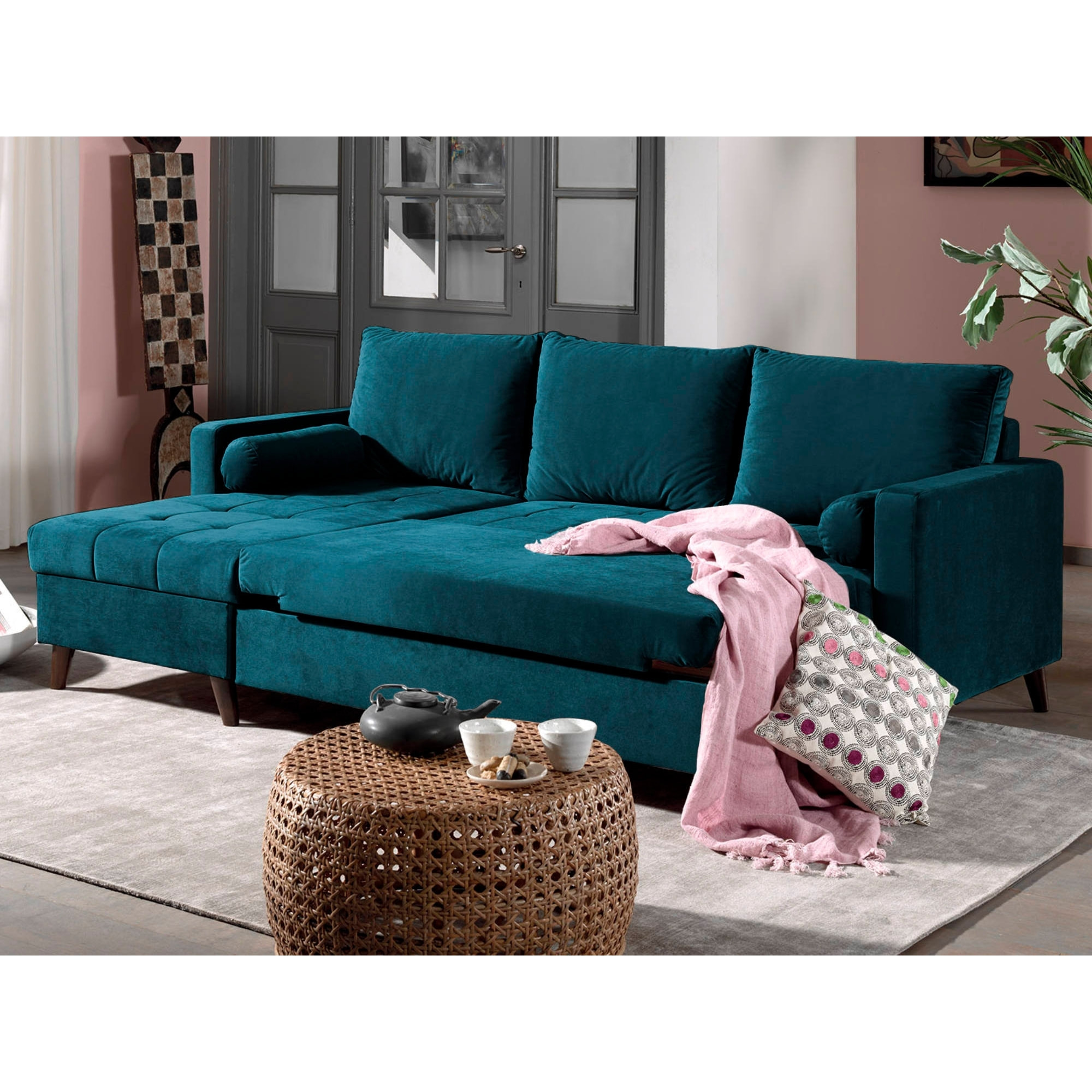 POLAR - Canapé d'angle réversible convertible - en velours au design scandinave - 4 places - Bleu canard