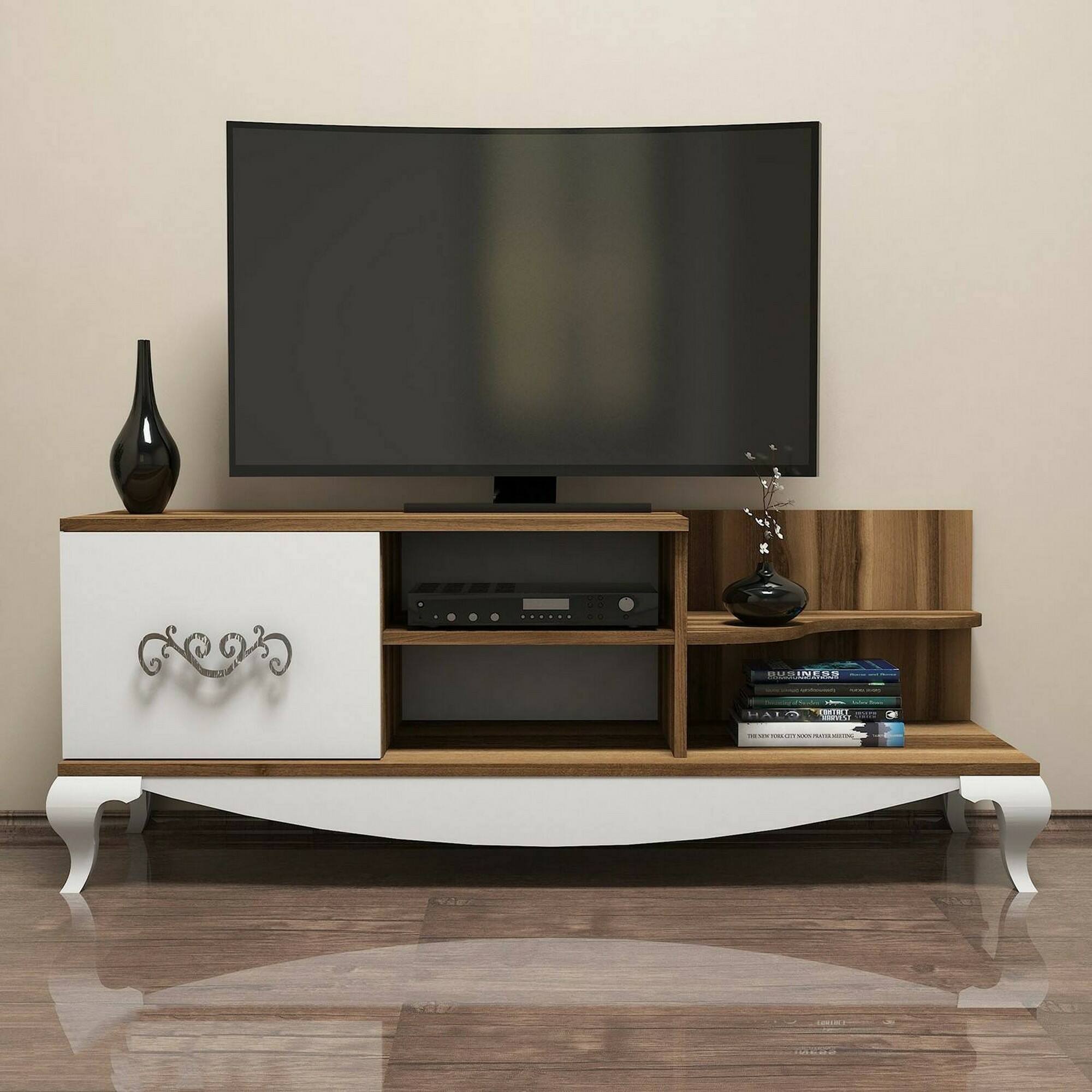 Mobile porta TV Dporrin, Credenza da soggiorno, Armadio basso per TV, Base parete attrezzata, 130x45h51 cm, Noce e Bianco