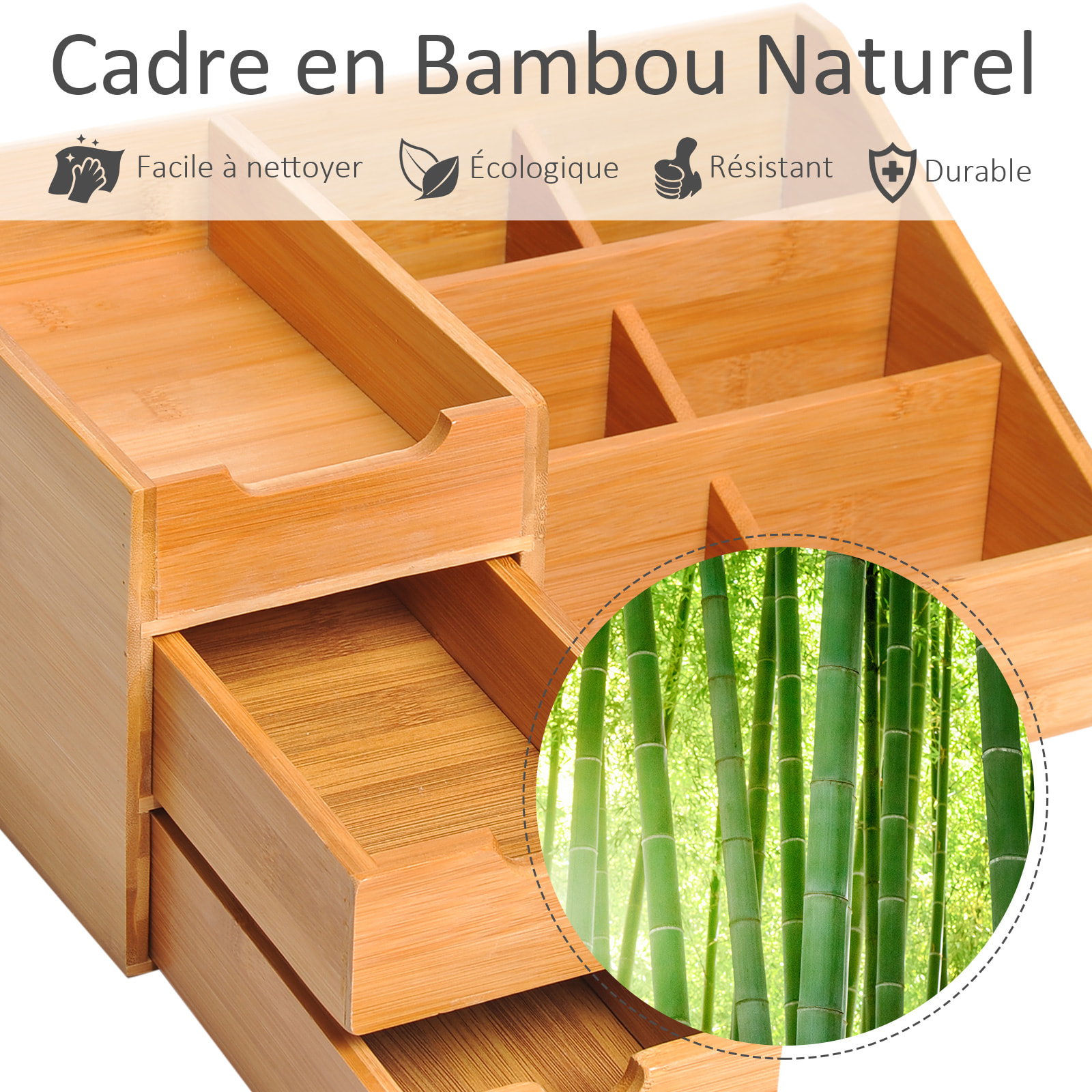 Boite de rangement de bureau - organiseur de bureau - 7 compartiments, 2 tiroirs - bambou verni