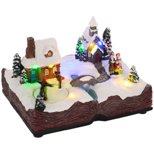 Pueblo Navideño con Base de Biblia Abierta Escena Navideña con Luces LED Música y Patinadores Giratorios Decoración de Navidad 23x18x15 cm Multicolor