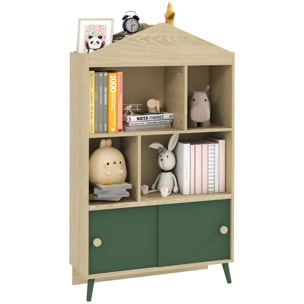 Bibliothèque enfant design maisonnette nordique - 2 portes coulissantes, 4 niches, 4 compartiments - aspect bois vert