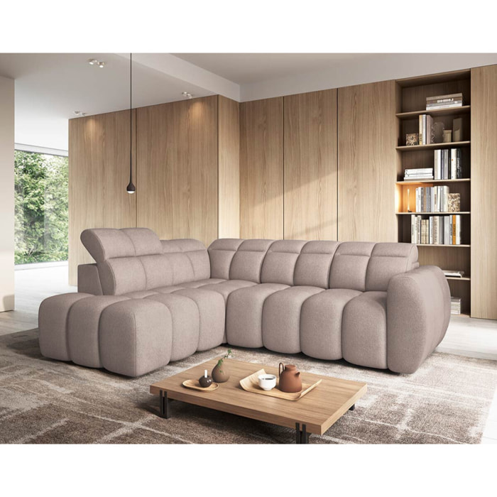 Basile - Canapé d'angle gauche 4 places assise extensible électrique avec coffre en tissu texturé - Taupe