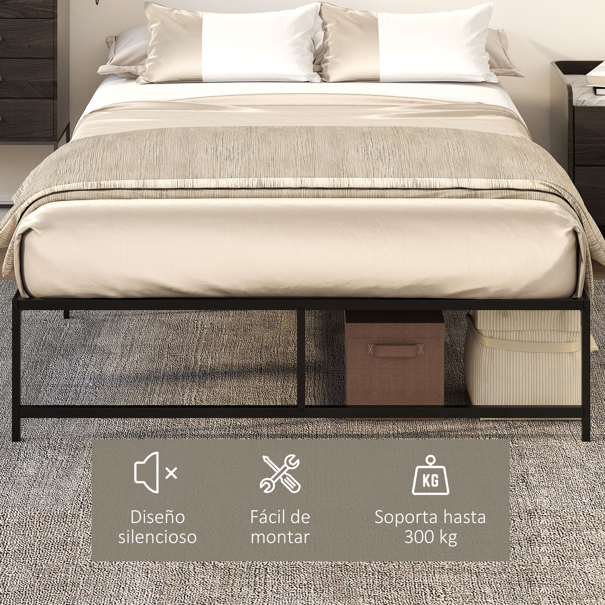 HOMCOM Marco de Cama Doble de Metal para Colchón 135x190 cm con Patas de 35 cm Estructura de Cama Matrimonio con Espacio Bajo de Almacenamiento 141,5x195x35 cm Negro