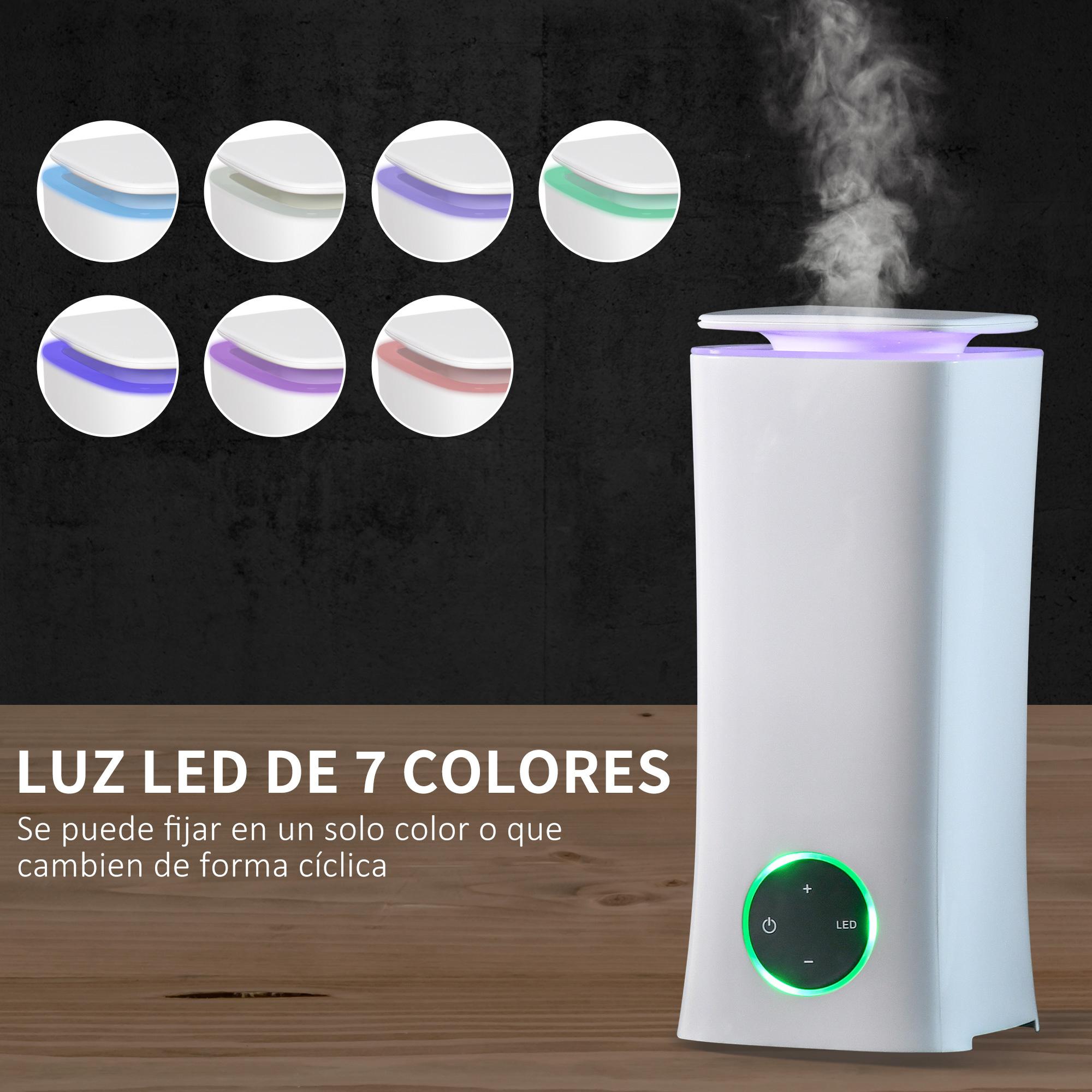 HOMCOM Humidificador Ultrasónico 2L con 3 Modos de Pulverización 7 Colores LED Ultra Silencioso para el Hogar Oficina 15x15x34 cm Blanco