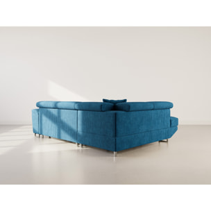 Baoji - Canapé d'angle gauche 5 places convertible avec têtières et coffre en velours côtelé - Bleu
