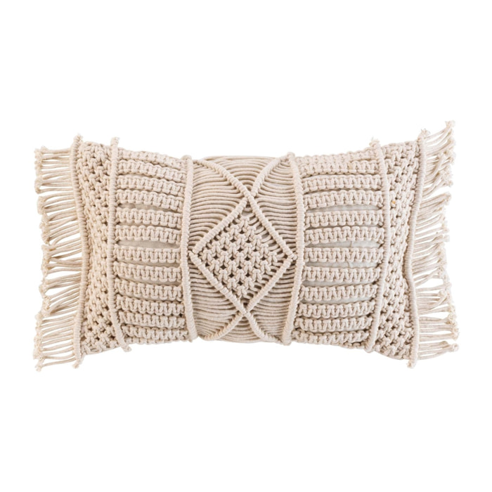 Coussin déhoussable avec franges et macramé - Naturel