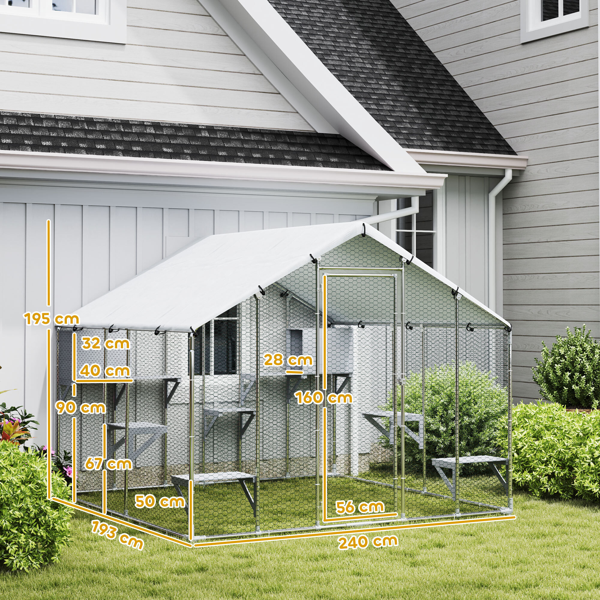 Jaula Grande para Gatos Exterior, Recinto para Gatos con 2 Casitas, 7 Plataformas para Saltar, Cubierta Impermeable y Anti-UV, Parque para 5 Gatitos, Conejos, 240x193x195 cm, Plata