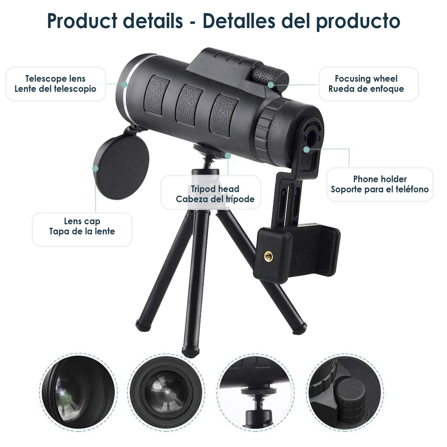 Telescopio terrestre 12X con soporte para teléfono móvil. Digiscoping, lente de 42mm. Incluye trípode y funda.