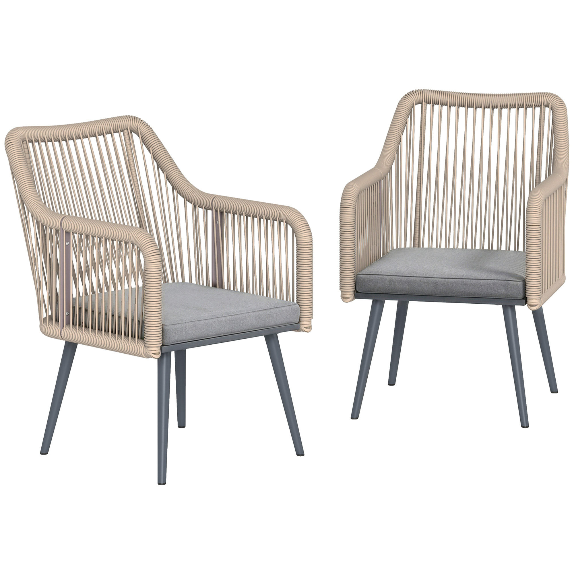 Juego de 2 Sillas de Jardín Exterior de Ratán, Sillas Terraza Exterior con Cojines, Reposabrazos y Marco de Acero, Resistente a la Intemperie, para Balcón, Terraza, 54x65x80 cm, Gris Claro