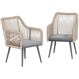 Juego de 2 Sillas de Jardín Exterior de Ratán, Sillas Terraza Exterior con Cojines, Reposabrazos y Marco de Acero, Resistente a la Intemperie, para Balcón, Terraza, 54x65x80 cm, Gris Claro