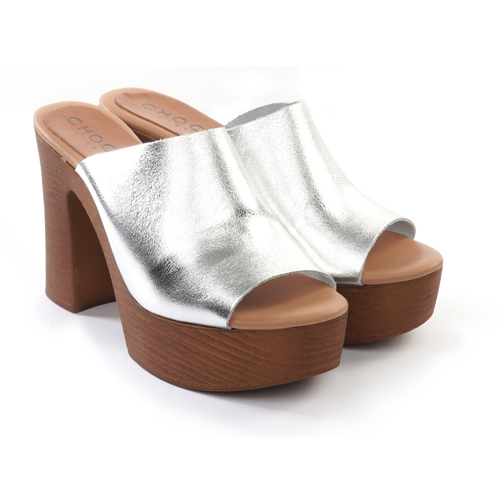 MULE TACCO WOOD CHOCOLA' ARGENTO