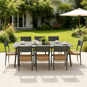 Ensemble table de jardin 200 cm et 8 fauteuils gris foncé effet rotin BRADDON