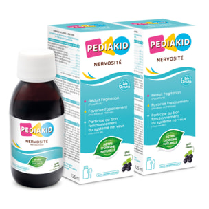 PEDIAKID - Sirop Nervosité -Complément Alimentaire Naturel - Formule Exclusive au Sirop d'Agave - Favorise l'Apaisement - Réduit l'Agitation - Arôme Naturel Cassis - Lot de 2 Flacons de 125 ml