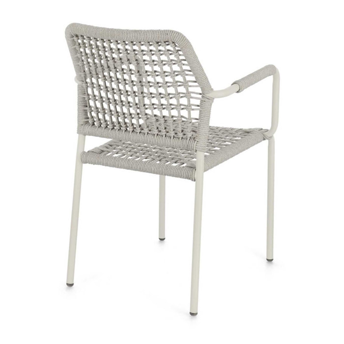 Set di 4 sedie con braccioli MIRANDA in alluminio beige e corda tortora, impilabili